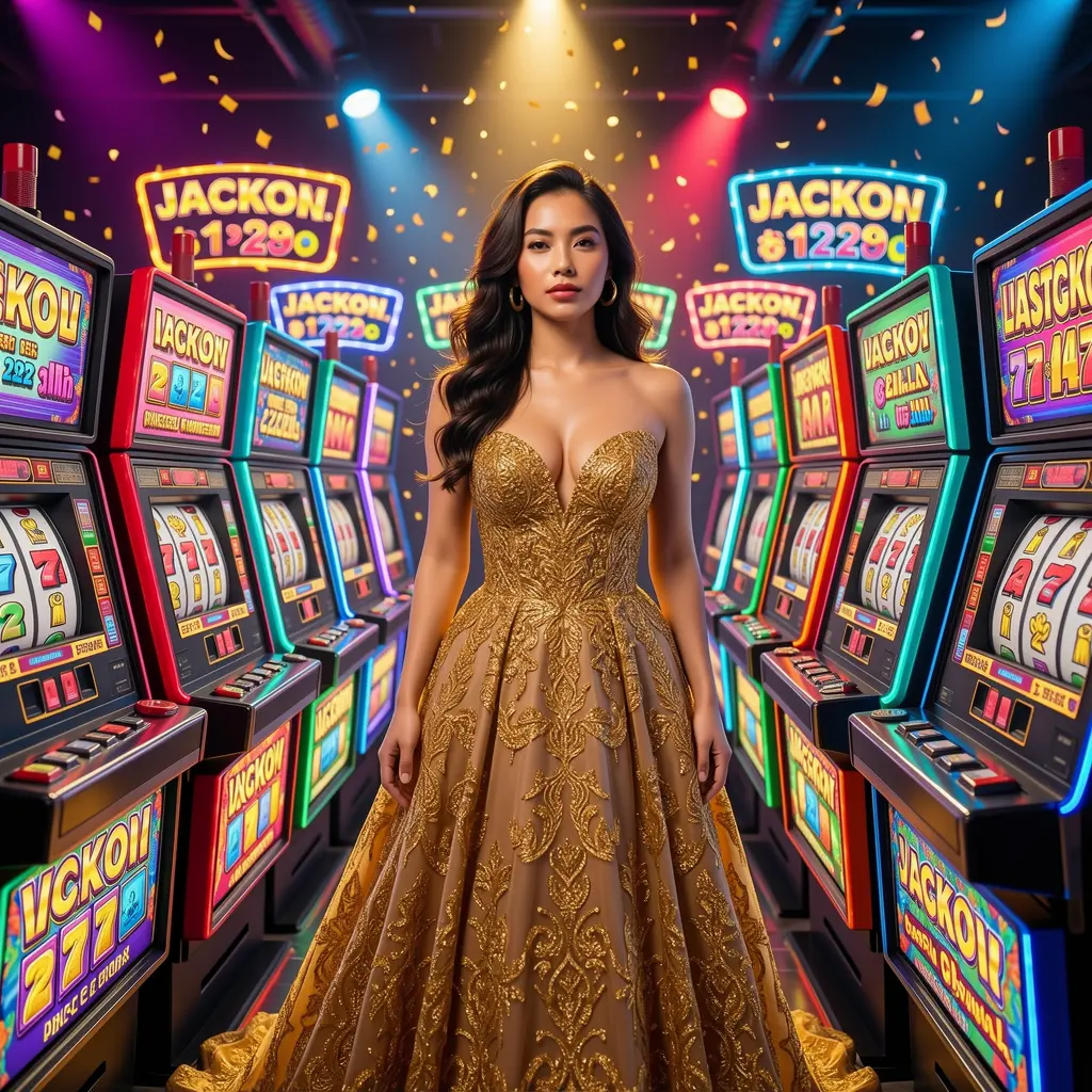 666rr – Experience immersive slot machine gameplay for Indonesian players Elegant woman in a golden dress standing among bright slot machines inside the luxurious casino atmosphere of 666rr in Indonesia